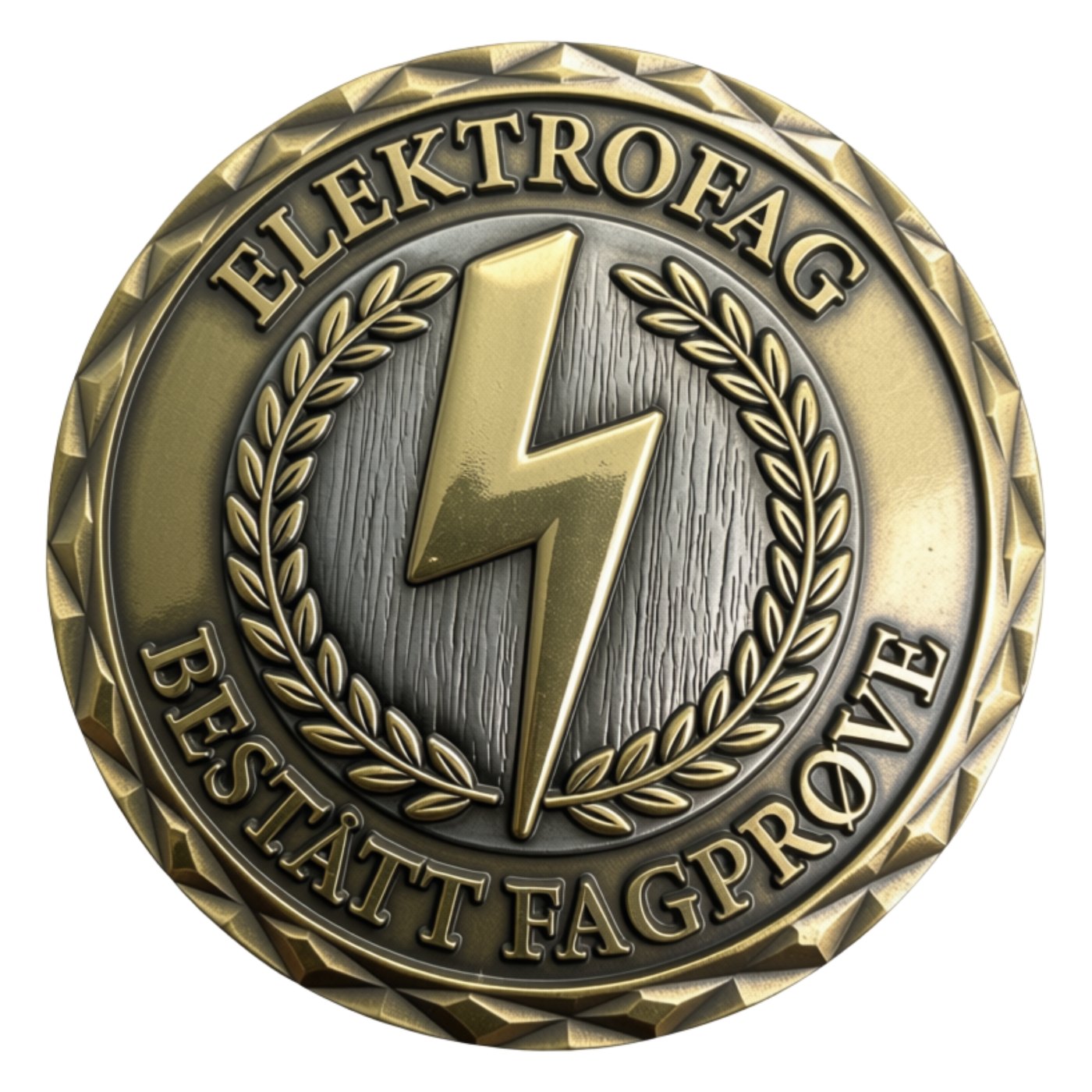 Forsiden av Fagbrevmynten i messing med teksten ELEKTROFAG og BESTÅTT FAGPRØVE